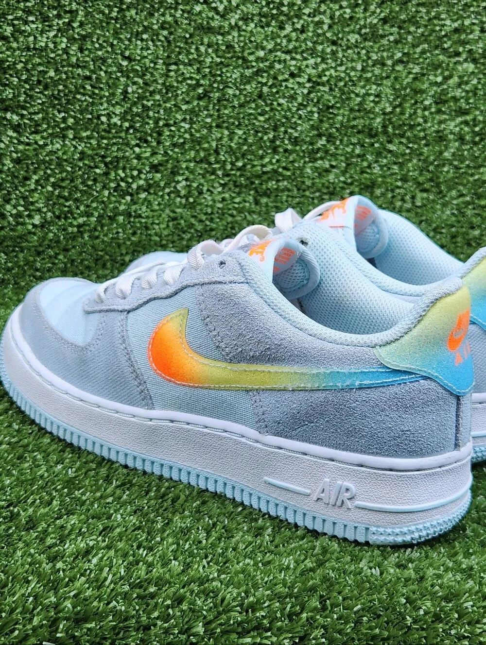 Nike Air Force 1 Big Kids Glacier Blue/Orange Leather Sneakers Size 4.5 Youth